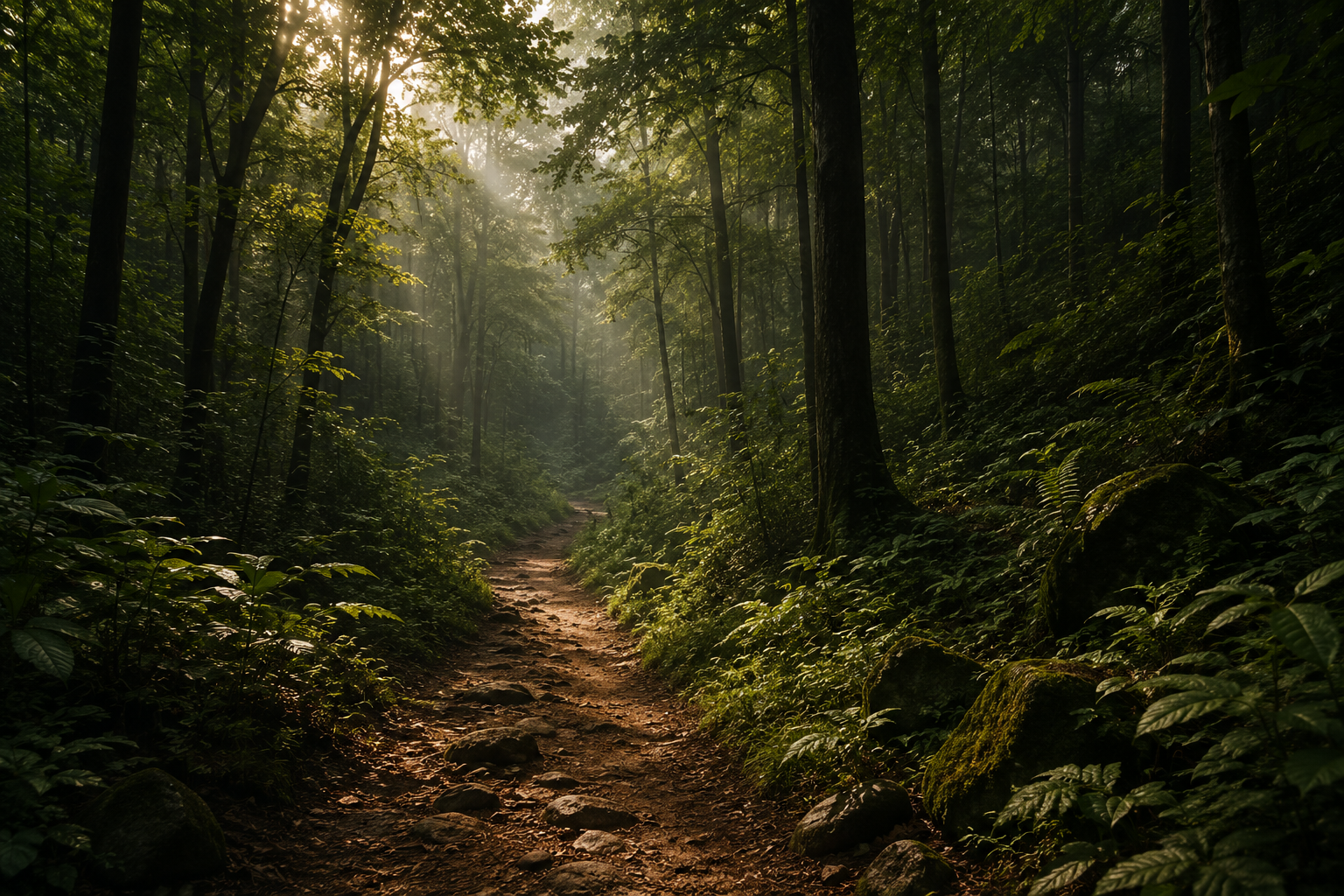 Sunlight filtering through dense forest canopy